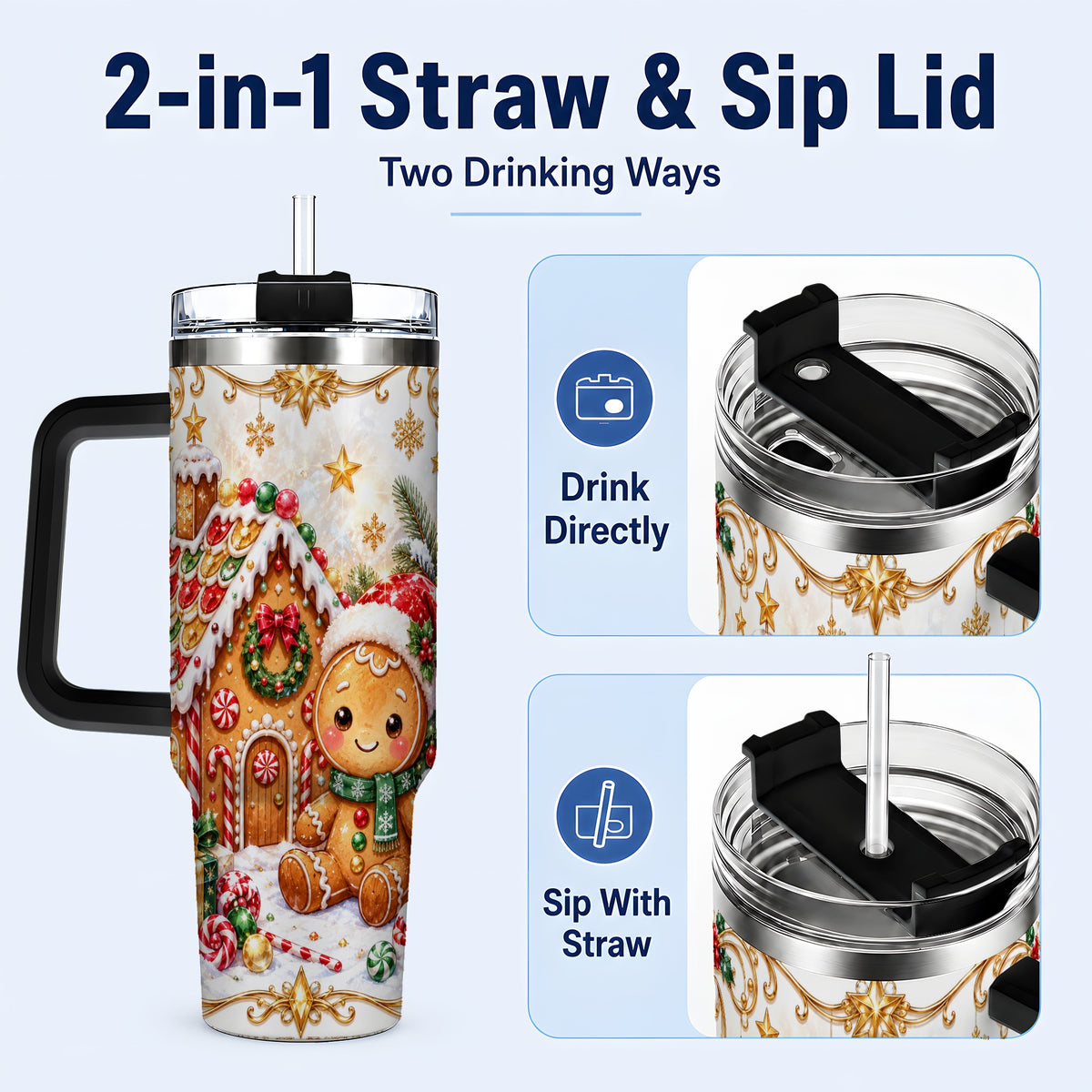 #pl[40oz|Black] Gingerbread 40oz Tumbler with Handle, Cookie House Stainless Steel Cup