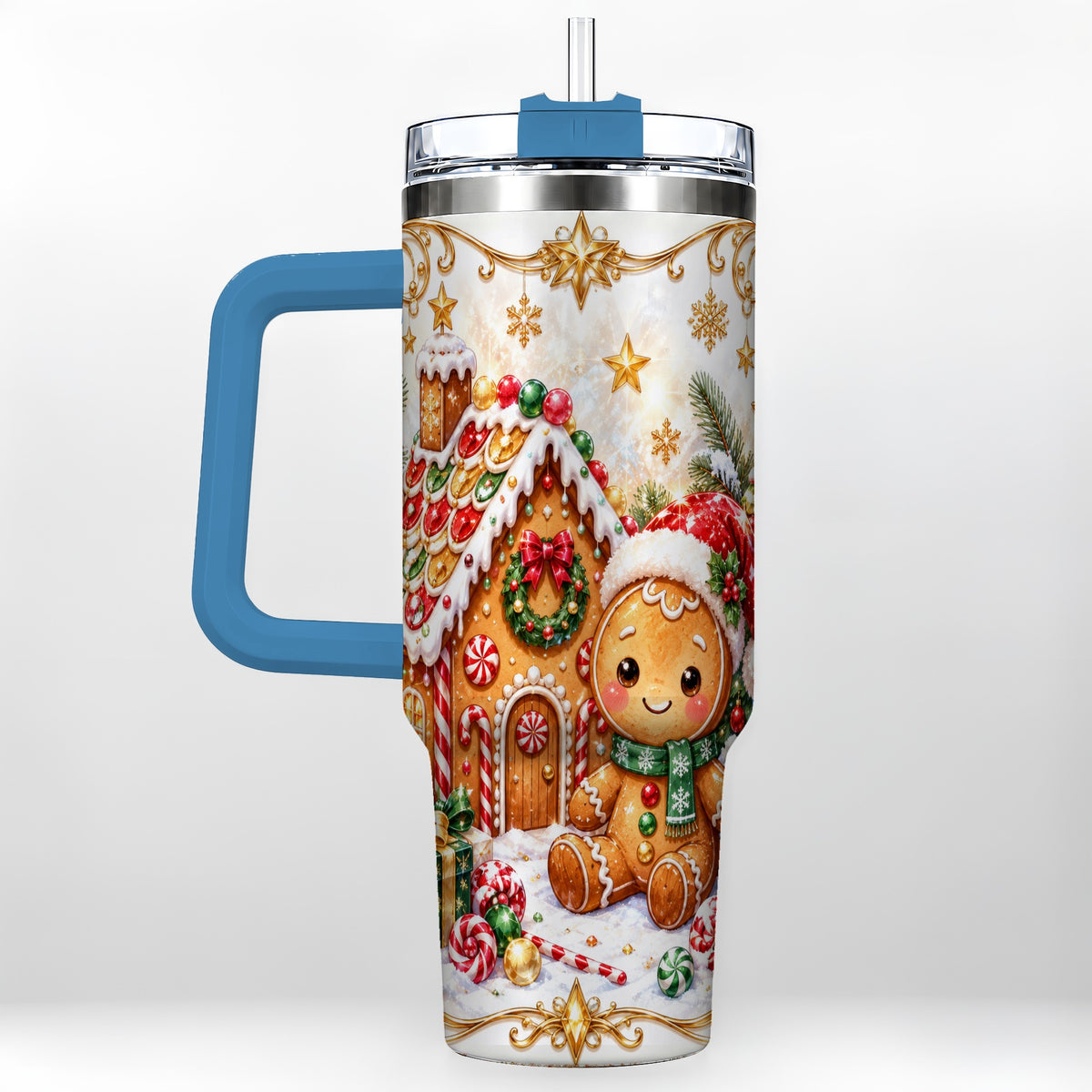#pl[40oz|Blue] Gingerbread 40oz Tumbler with Handle, Cookie House Stainless Steel Cup