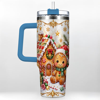 #pl[40oz|Blue] Gingerbread 40oz Tumbler with Handle, Cookie House Stainless Steel Cup