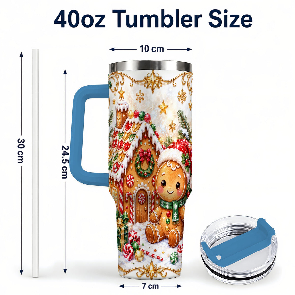 #pl[40oz|Blue] Gingerbread 40oz Tumbler with Handle, Cookie House Stainless Steel Cup