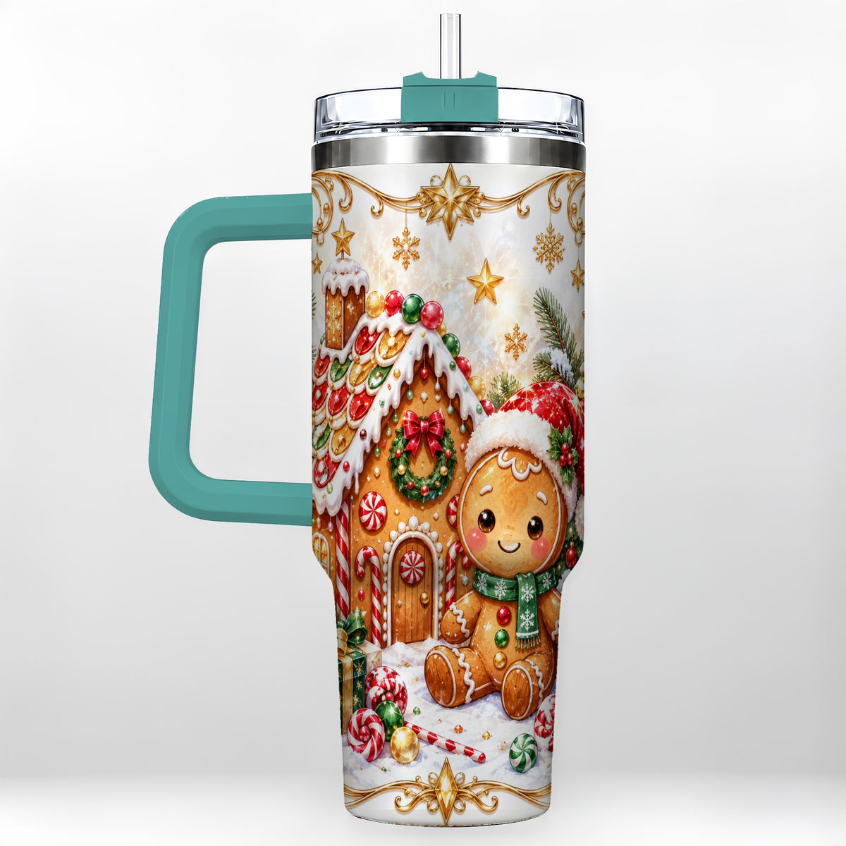 #pl[40oz|Green] Gingerbread 40oz Tumbler with Handle, Cookie House Stainless Steel Cup