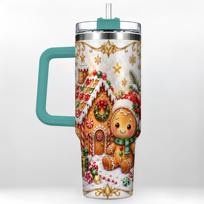 #pl[40oz|Green] Gingerbread 40oz Tumbler with Handle, Cookie House Stainless Steel Cup