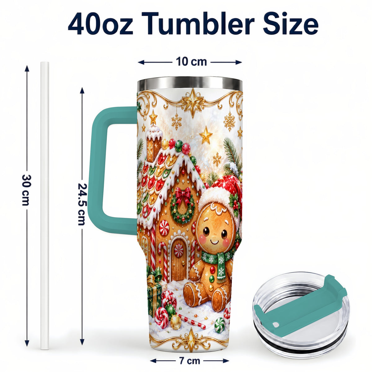 #pl[40oz|Green] Gingerbread 40oz Tumbler with Handle, Cookie House Stainless Steel Cup