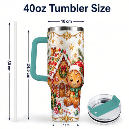 #pl[40oz|Green] Gingerbread 40oz Tumbler with Handle, Cookie House Stainless Steel Cup