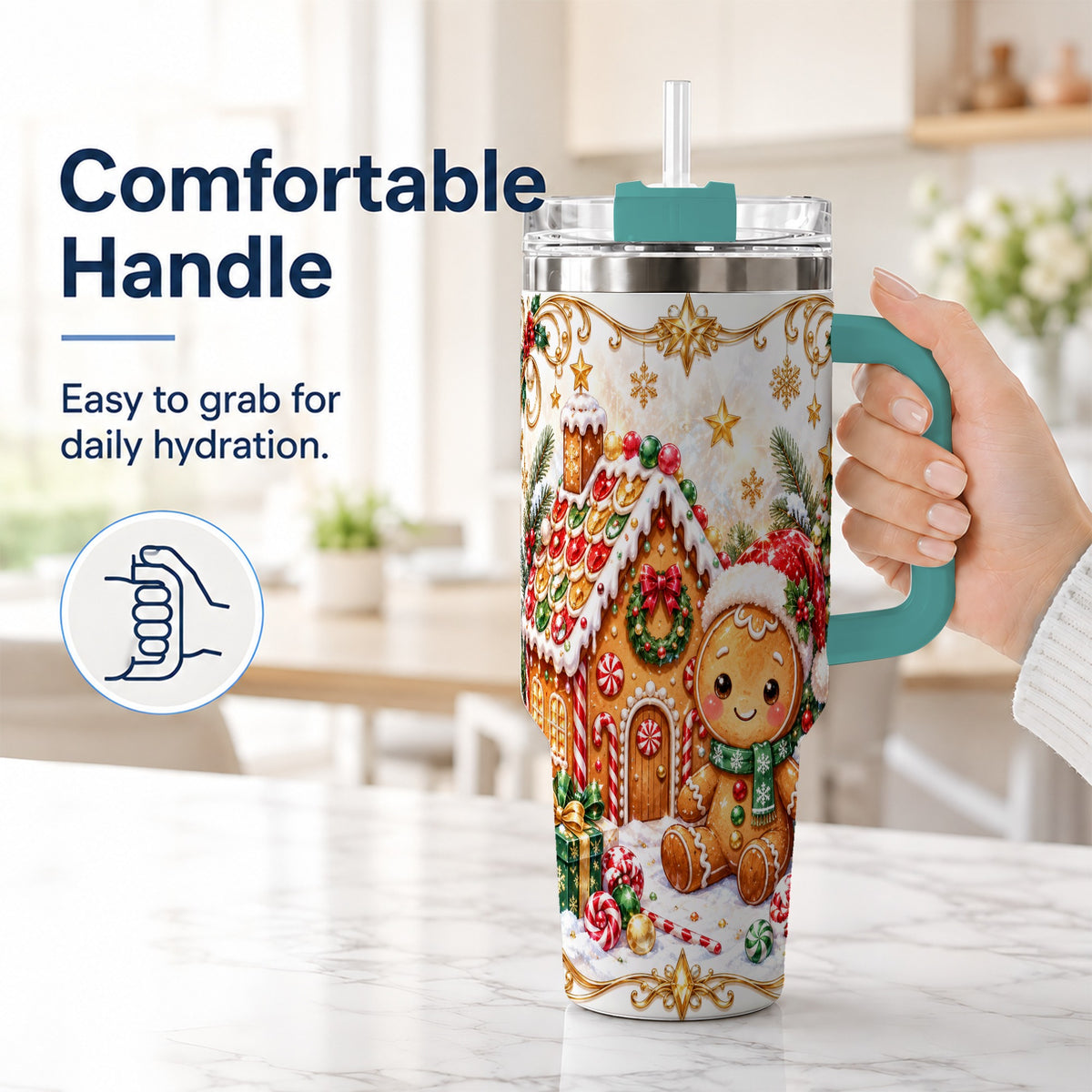 #pl[40oz|Green] Gingerbread 40oz Tumbler with Handle, Cookie House Stainless Steel Cup