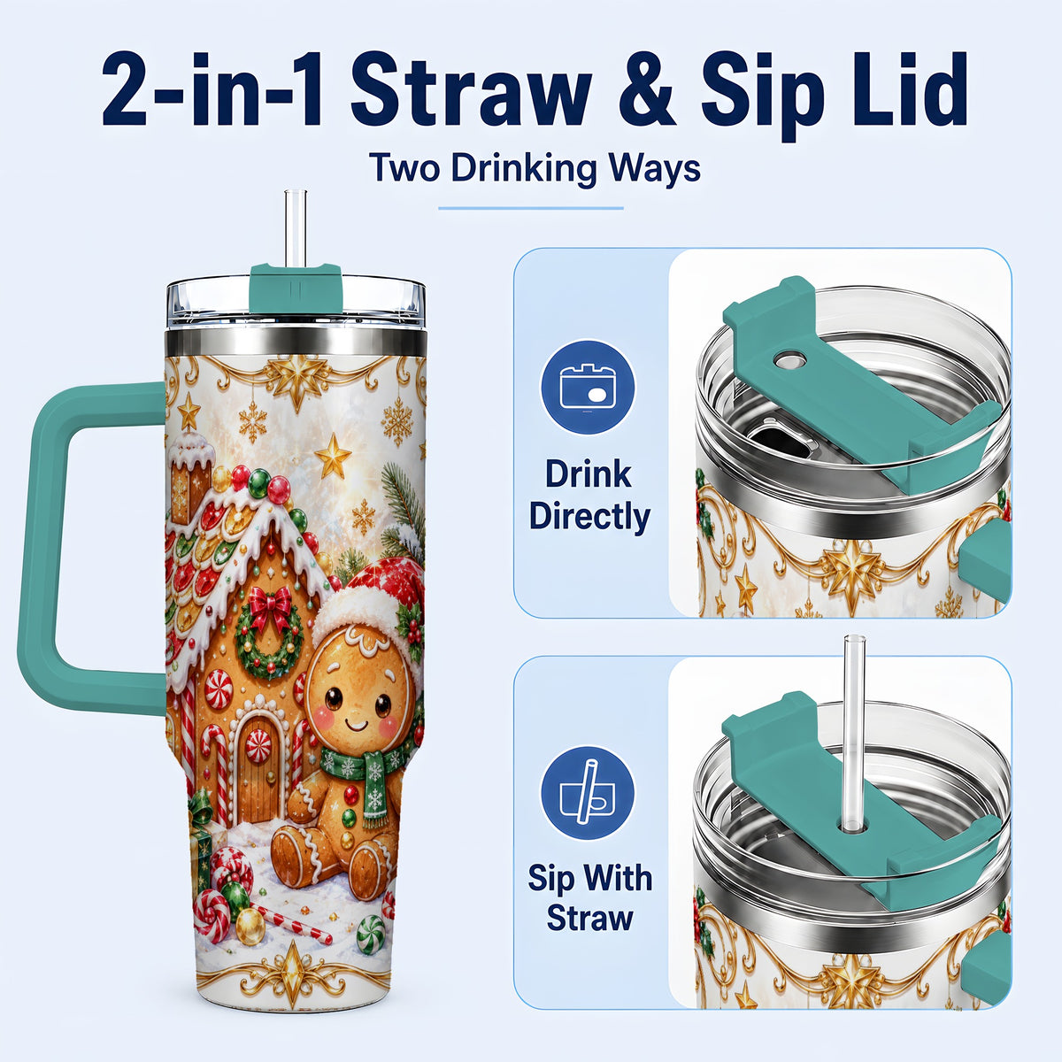 #pl[40oz|Green] Gingerbread 40oz Tumbler with Handle, Cookie House Stainless Steel Cup