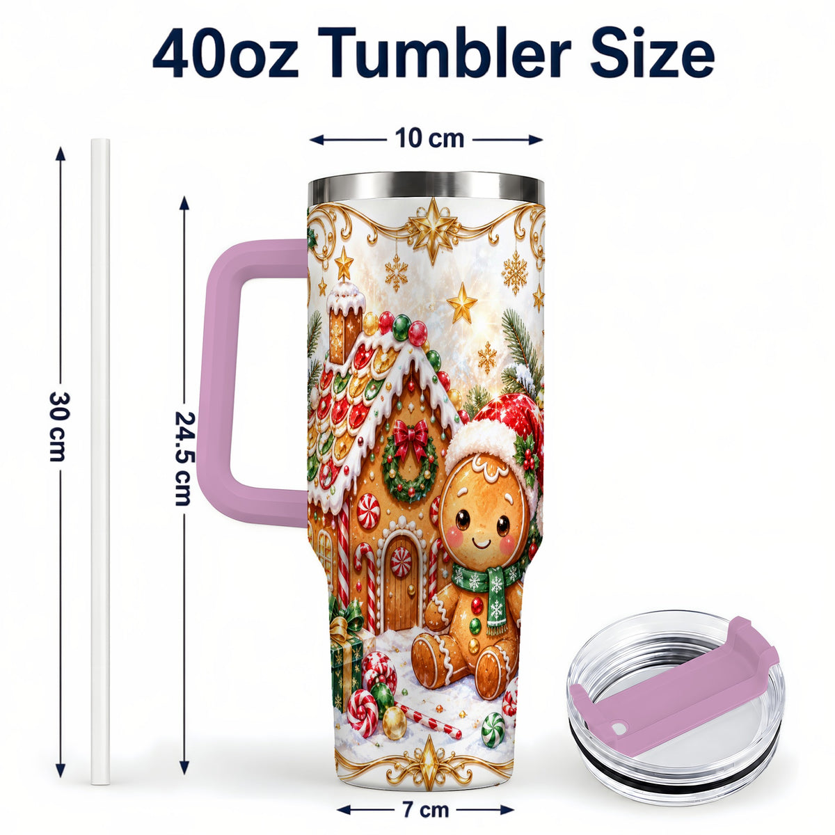 #pl[40oz|Pink] Gingerbread 40oz Tumbler with Handle, Cookie House Stainless Steel Cup