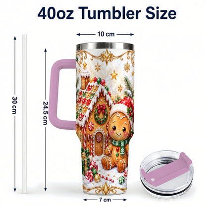 #pl[40oz|Pink] Gingerbread 40oz Tumbler with Handle, Cookie House Stainless Steel Cup