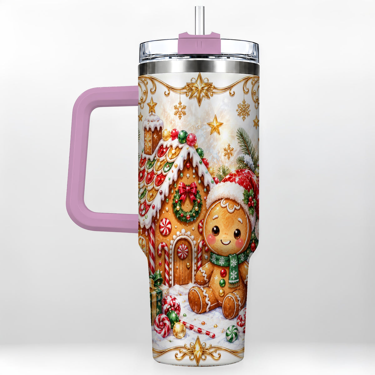 #pl[40oz|Pink] Gingerbread 40oz Tumbler with Handle, Cookie House Stainless Steel Cup