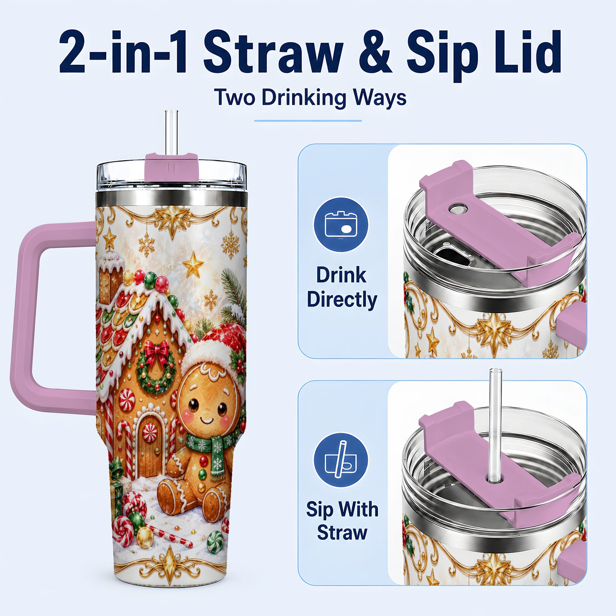 #pl[40oz|Pink] Gingerbread 40oz Tumbler with Handle, Cookie House Stainless Steel Cup