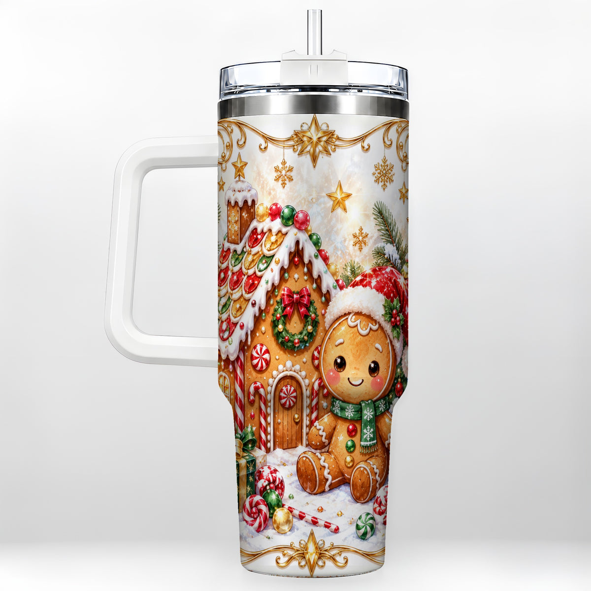 Gingerbread 40oz Tumbler with Handle, Cookie House Stainless Steel Cup