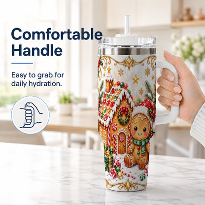 #pl[40oz|White] Gingerbread 40oz Tumbler with Handle, Cookie House Stainless Steel Cup