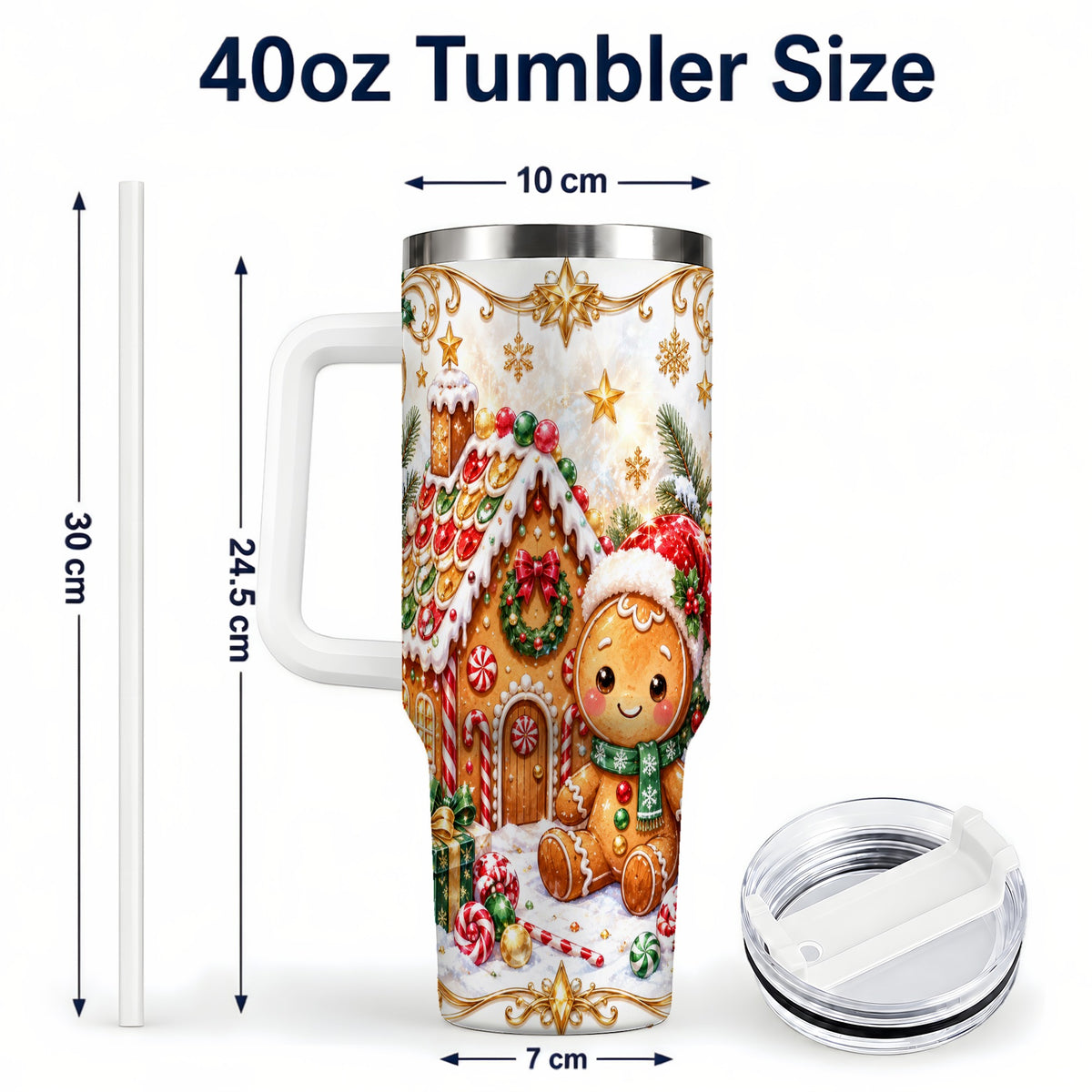 #pl[40oz|White] Gingerbread 40oz Tumbler with Handle, Cookie House Stainless Steel Cup