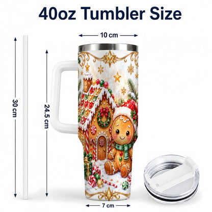 #pl[40oz|White] Gingerbread 40oz Tumbler with Handle, Cookie House Stainless Steel Cup