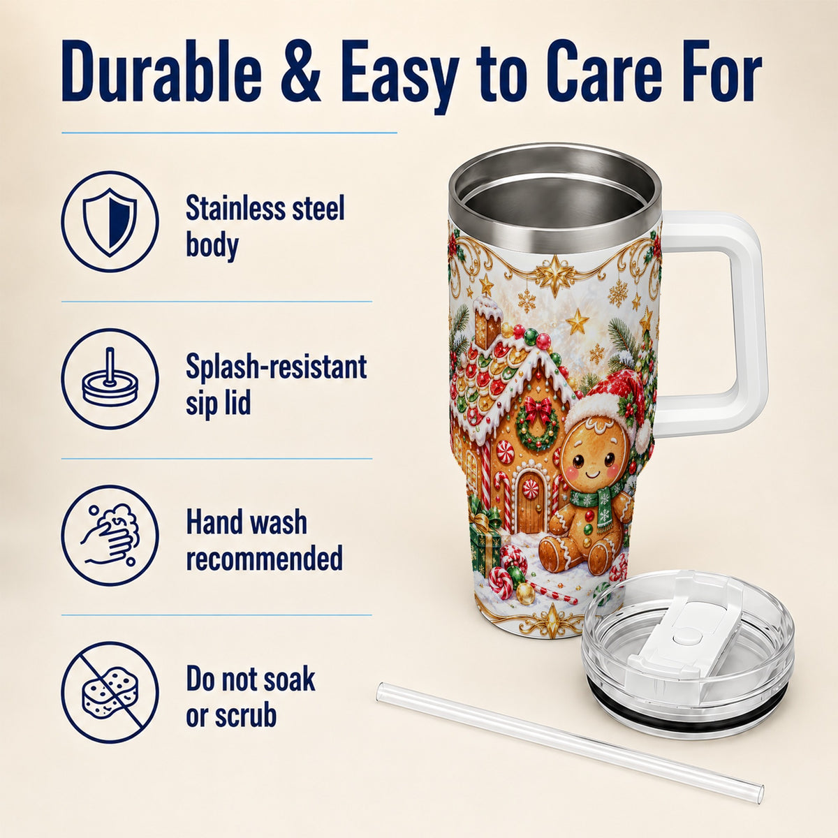 Gingerbread 40oz Tumbler with Handle, Cookie House Stainless Steel Cup