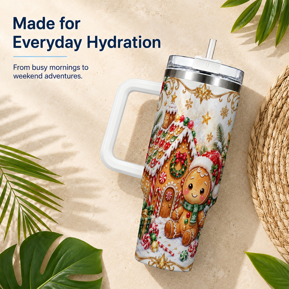 Gingerbread 40oz Tumbler with Handle, Cookie House Stainless Steel Cup
