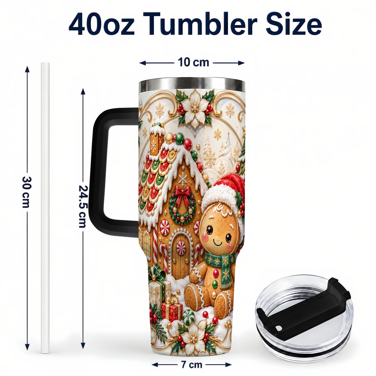 #pl[40oz|Black] Ornate Gingerbread 40oz Tumbler with Handle, Holiday Stainless Steel Cup
