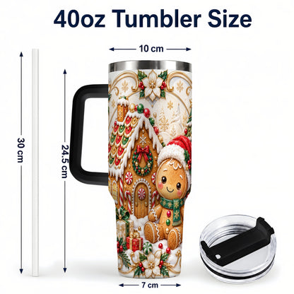 #pl[40oz|Black] Ornate Gingerbread 40oz Tumbler with Handle, Holiday Stainless Steel Cup