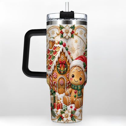 #pl[40oz|Black] Ornate Gingerbread 40oz Tumbler with Handle, Holiday Stainless Steel Cup