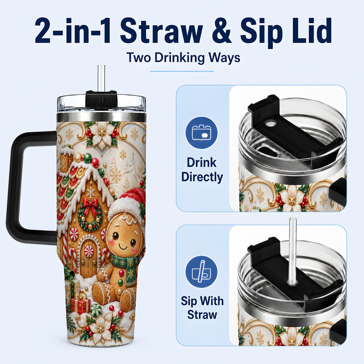 #pl[40oz|Black] Ornate Gingerbread 40oz Tumbler with Handle, Holiday Stainless Steel Cup