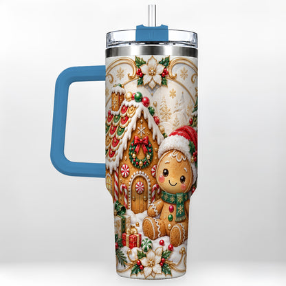#pl[40oz|Blue] Ornate Gingerbread 40oz Tumbler with Handle, Holiday Stainless Steel Cup