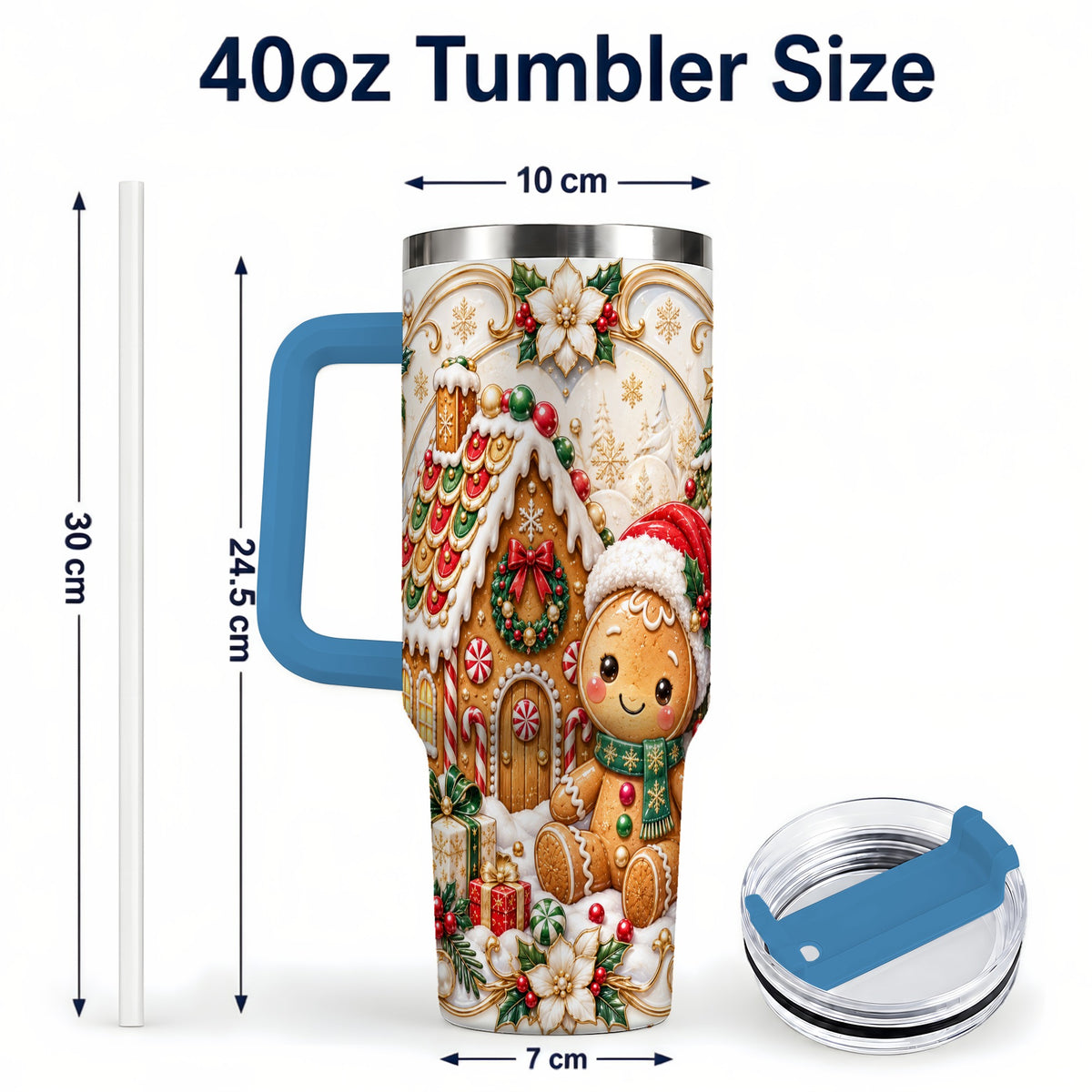 #pl[40oz|Blue] Ornate Gingerbread 40oz Tumbler with Handle, Holiday Stainless Steel Cup