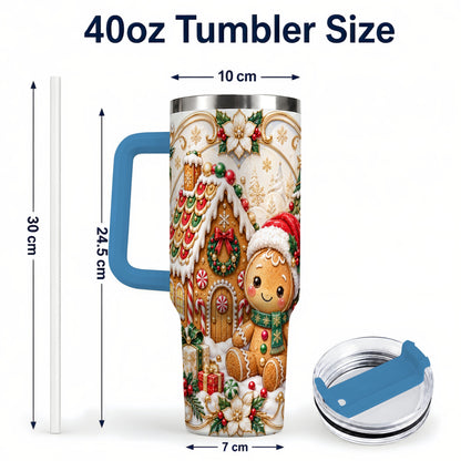 #pl[40oz|Blue] Ornate Gingerbread 40oz Tumbler with Handle, Holiday Stainless Steel Cup