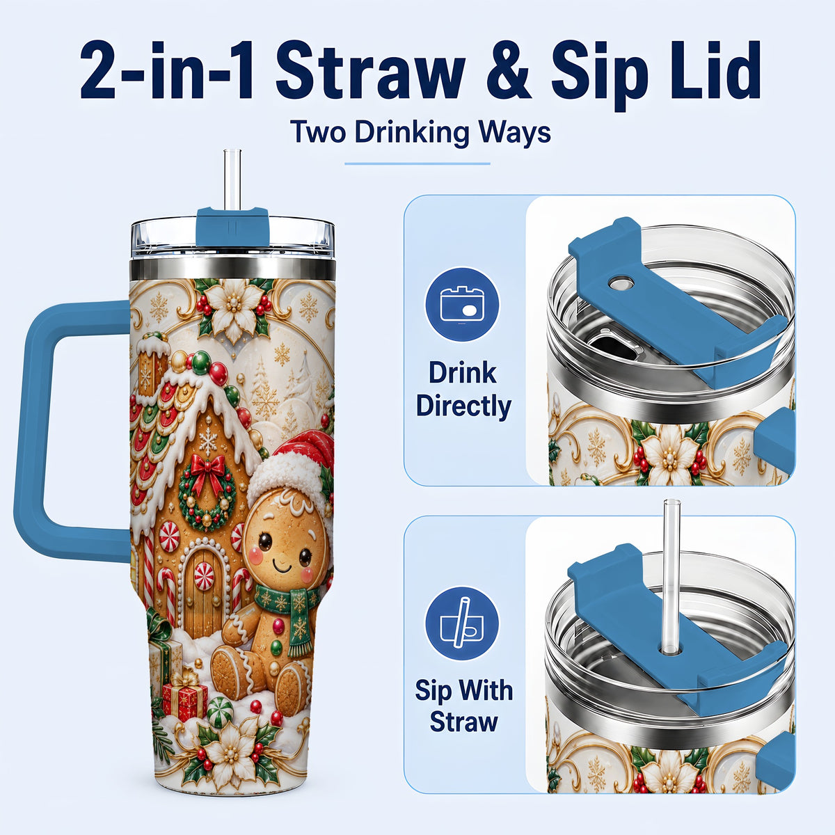 #pl[40oz|Blue] Ornate Gingerbread 40oz Tumbler with Handle, Holiday Stainless Steel Cup