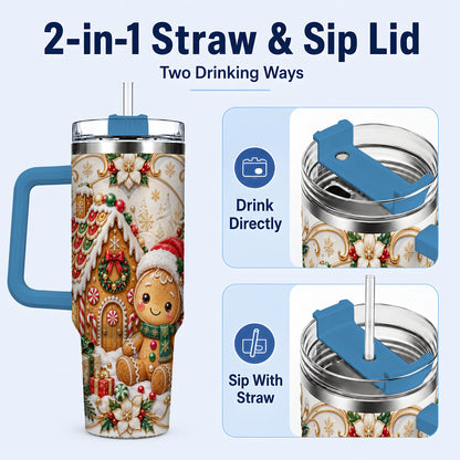 #pl[40oz|Blue] Ornate Gingerbread 40oz Tumbler with Handle, Holiday Stainless Steel Cup