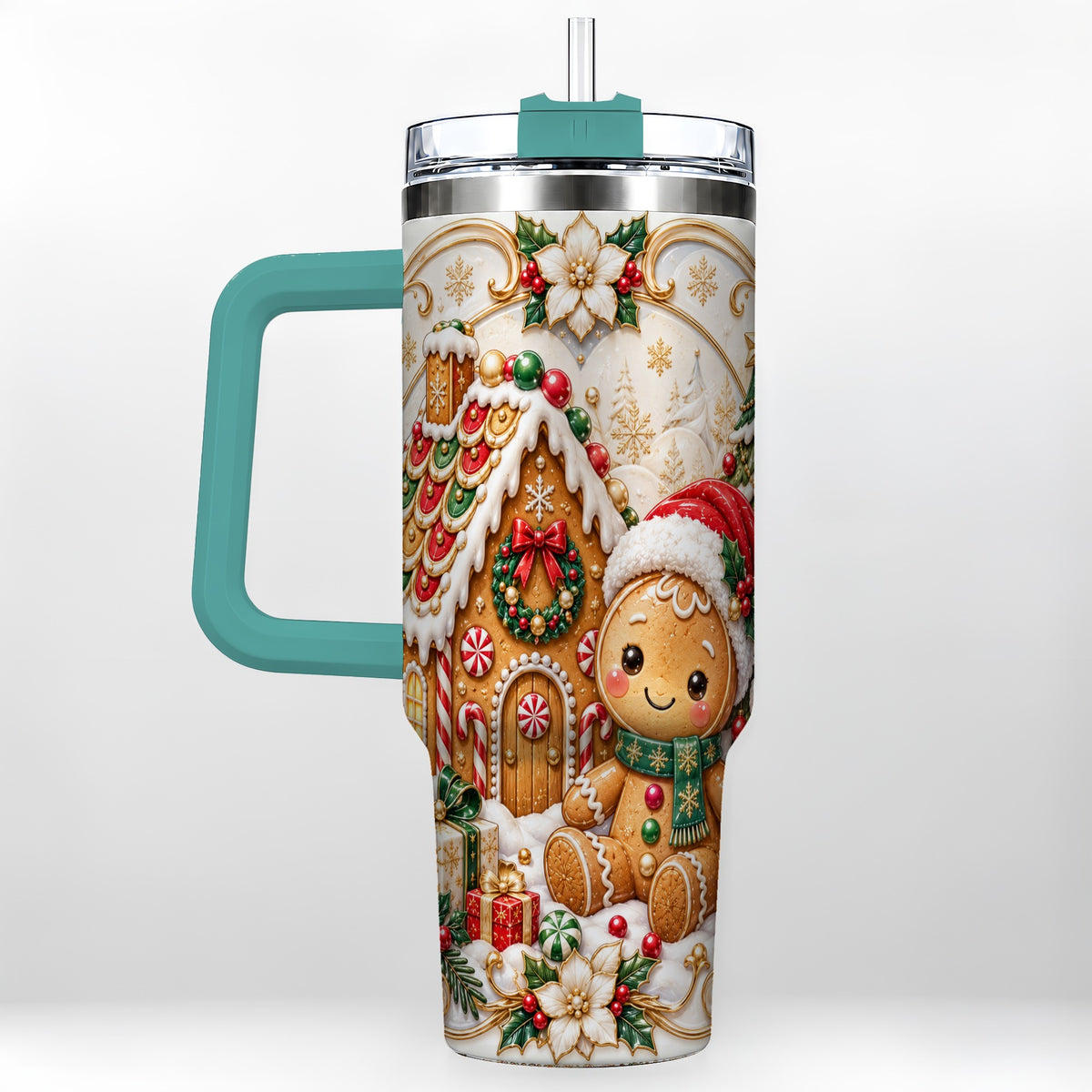 #pl[40oz|Green] Ornate Gingerbread 40oz Tumbler with Handle, Holiday Stainless Steel Cup