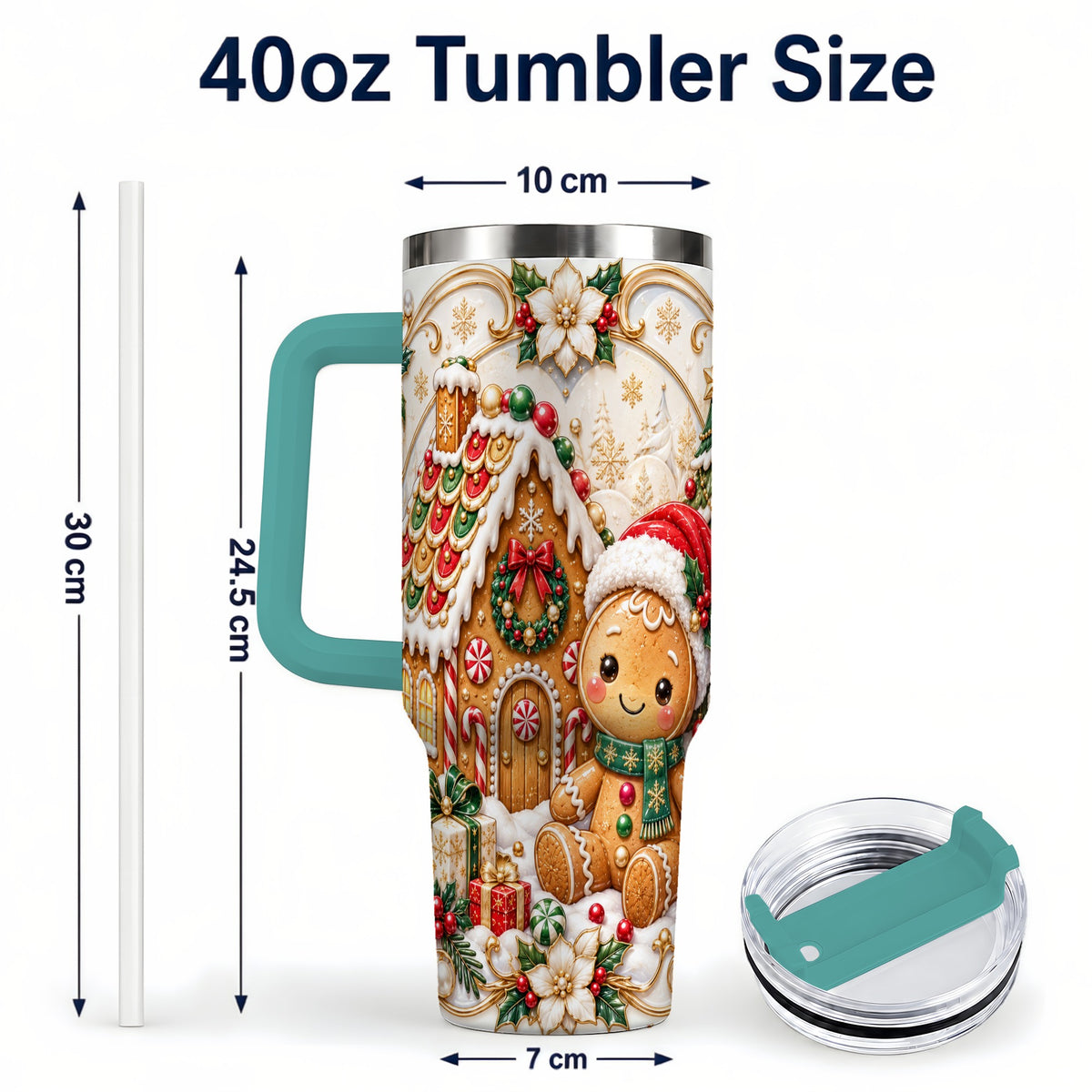#pl[40oz|Green] Ornate Gingerbread 40oz Tumbler with Handle, Holiday Stainless Steel Cup