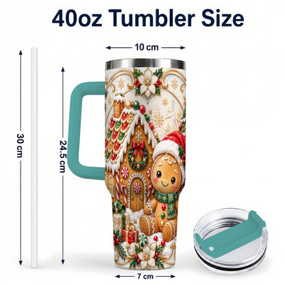 #pl[40oz|Green] Ornate Gingerbread 40oz Tumbler with Handle, Holiday Stainless Steel Cup