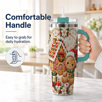 #pl[40oz|Green] Ornate Gingerbread 40oz Tumbler with Handle, Holiday Stainless Steel Cup