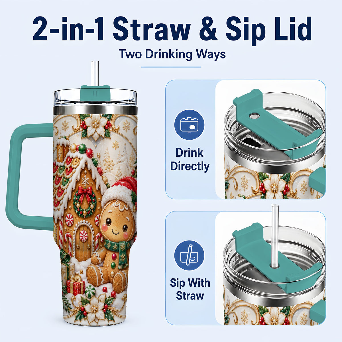 #pl[40oz|Green] Ornate Gingerbread 40oz Tumbler with Handle, Holiday Stainless Steel Cup