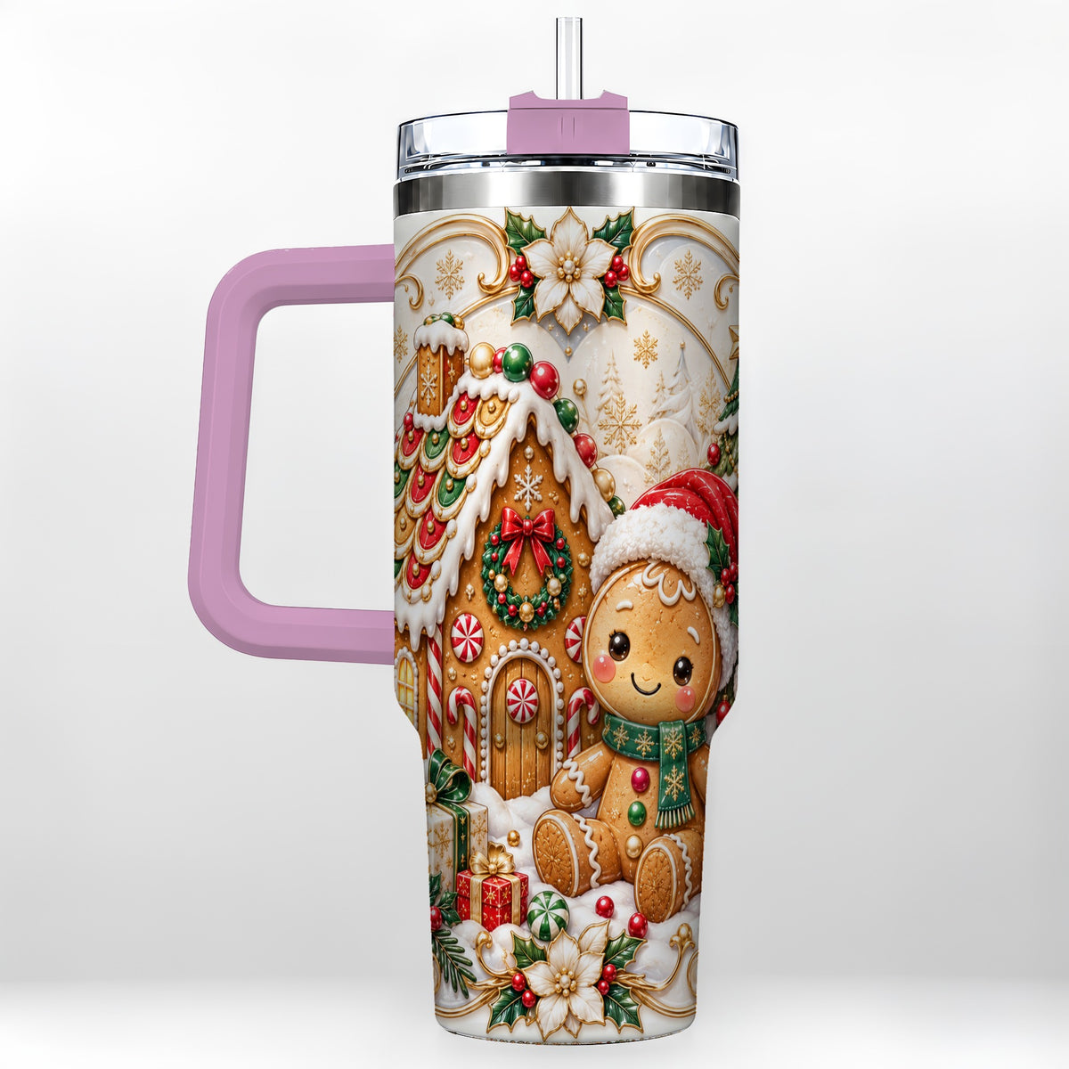 #pl[40oz|Pink] Ornate Gingerbread 40oz Tumbler with Handle, Holiday Stainless Steel Cup