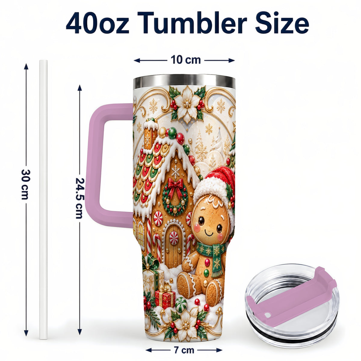 #pl[40oz|Pink] Ornate Gingerbread 40oz Tumbler with Handle, Holiday Stainless Steel Cup