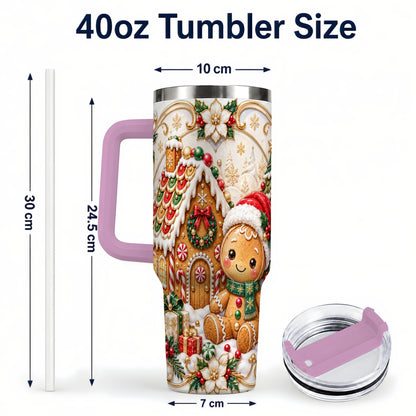 #pl[40oz|Pink] Ornate Gingerbread 40oz Tumbler with Handle, Holiday Stainless Steel Cup