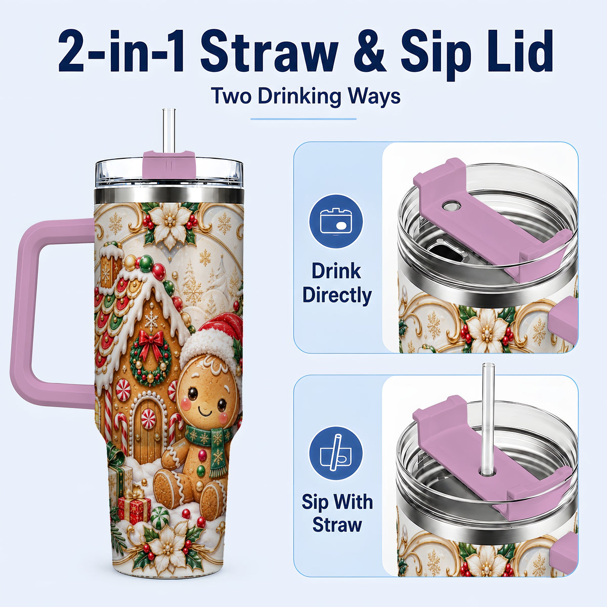 #pl[40oz|Pink] Ornate Gingerbread 40oz Tumbler with Handle, Holiday Stainless Steel Cup