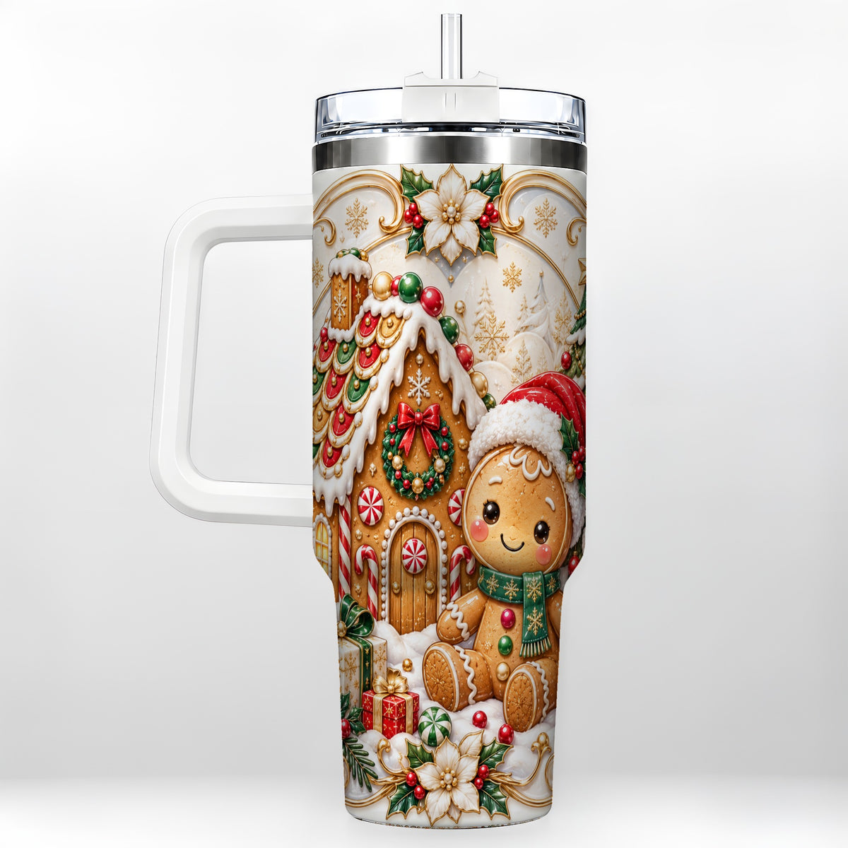 Ornate Gingerbread 40oz Tumbler with Handle, Holiday Stainless Steel Cup