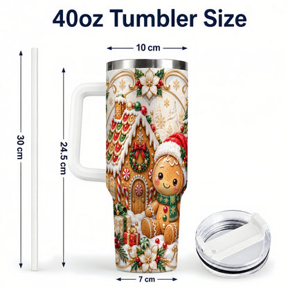 #pl[40oz|White] Ornate Gingerbread 40oz Tumbler with Handle, Holiday Stainless Steel Cup
