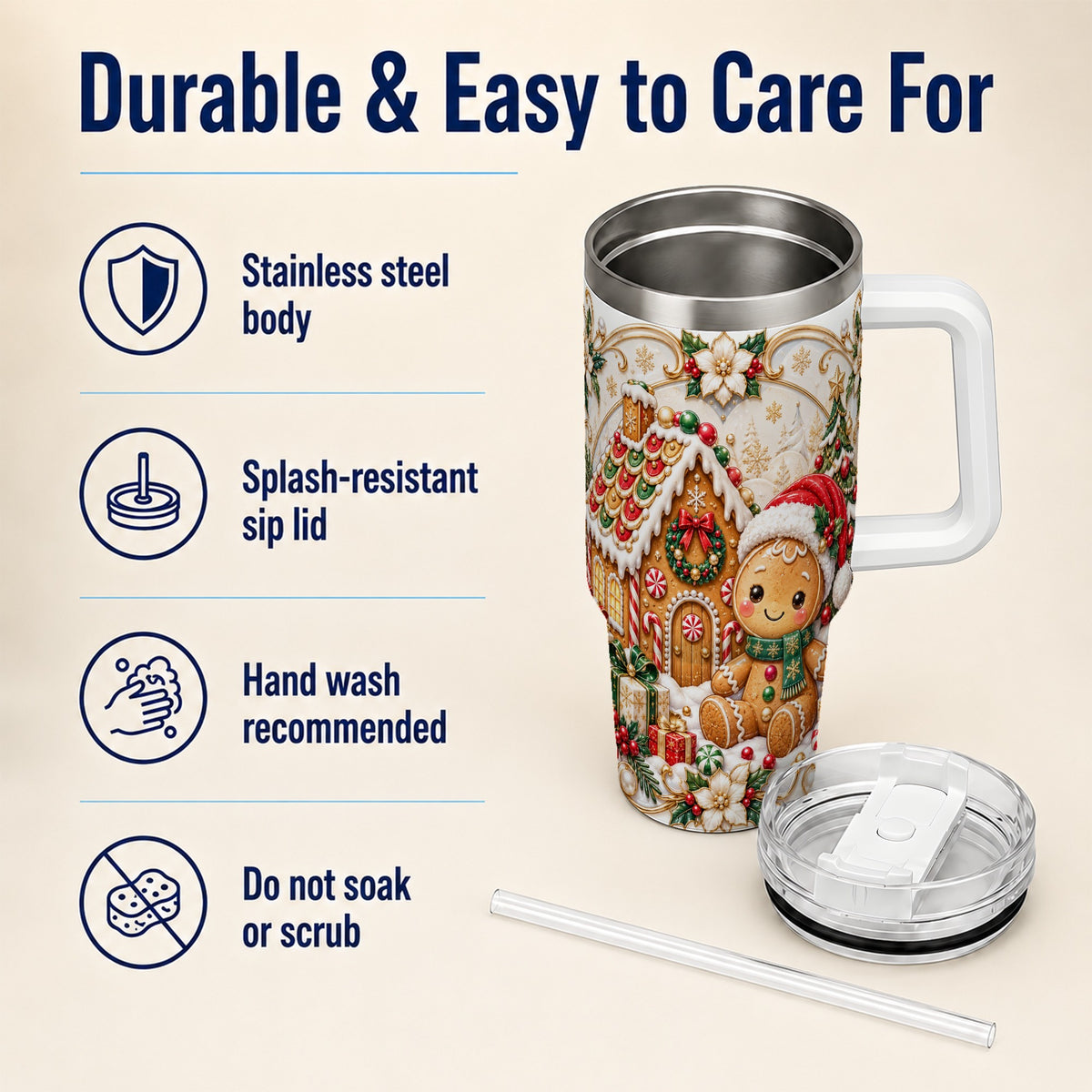Ornate Gingerbread 40oz Tumbler with Handle, Holiday Stainless Steel Cup