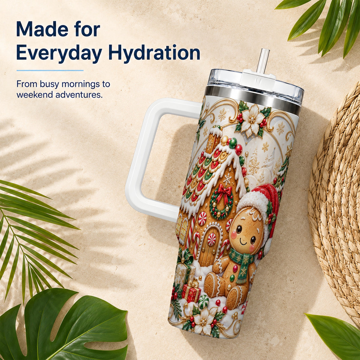 Ornate Gingerbread 40oz Tumbler with Handle, Holiday Stainless Steel Cup