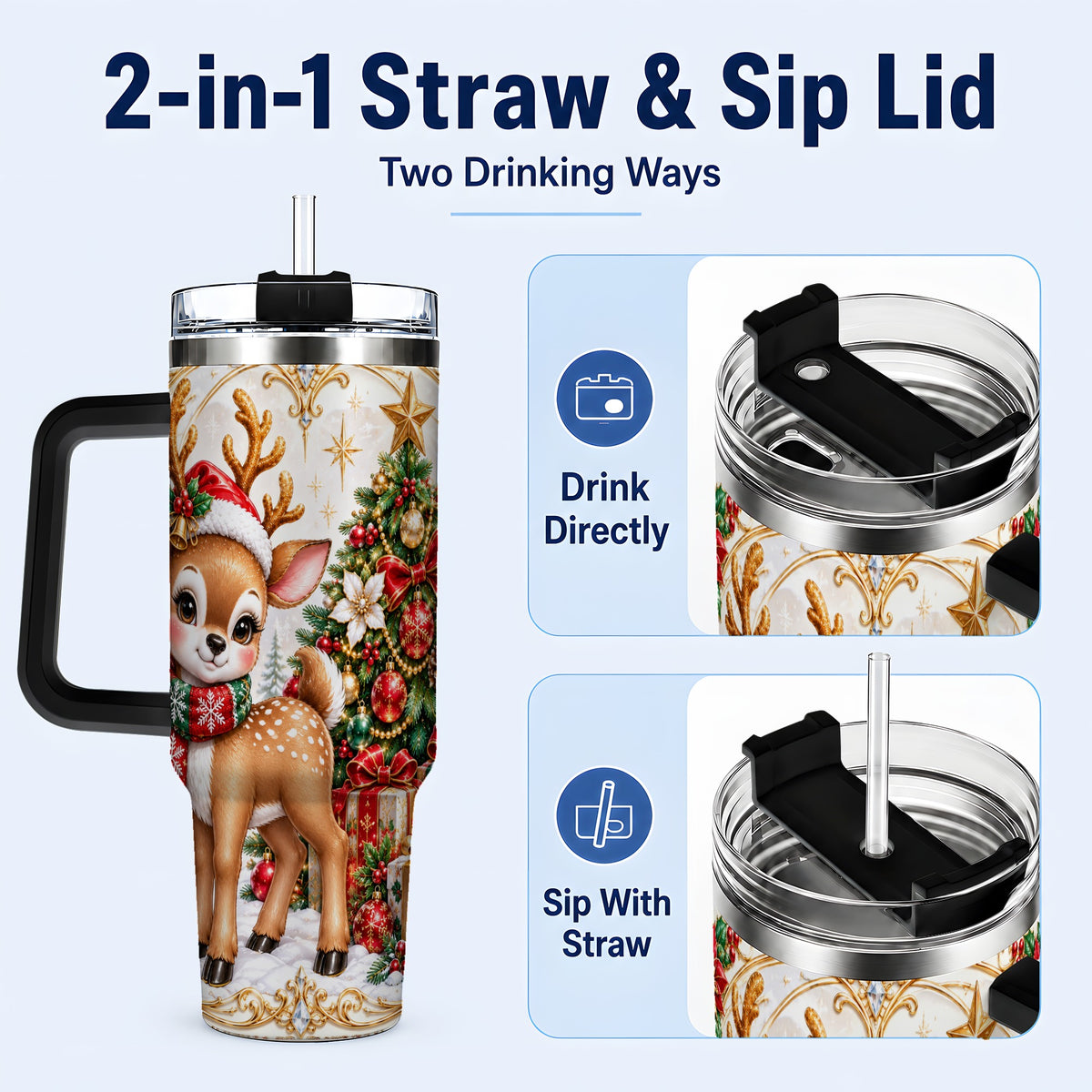 #pl[40oz|Black] Christmas Deer 40oz Tumbler, Reindeer Stainless Steel Travel Cup