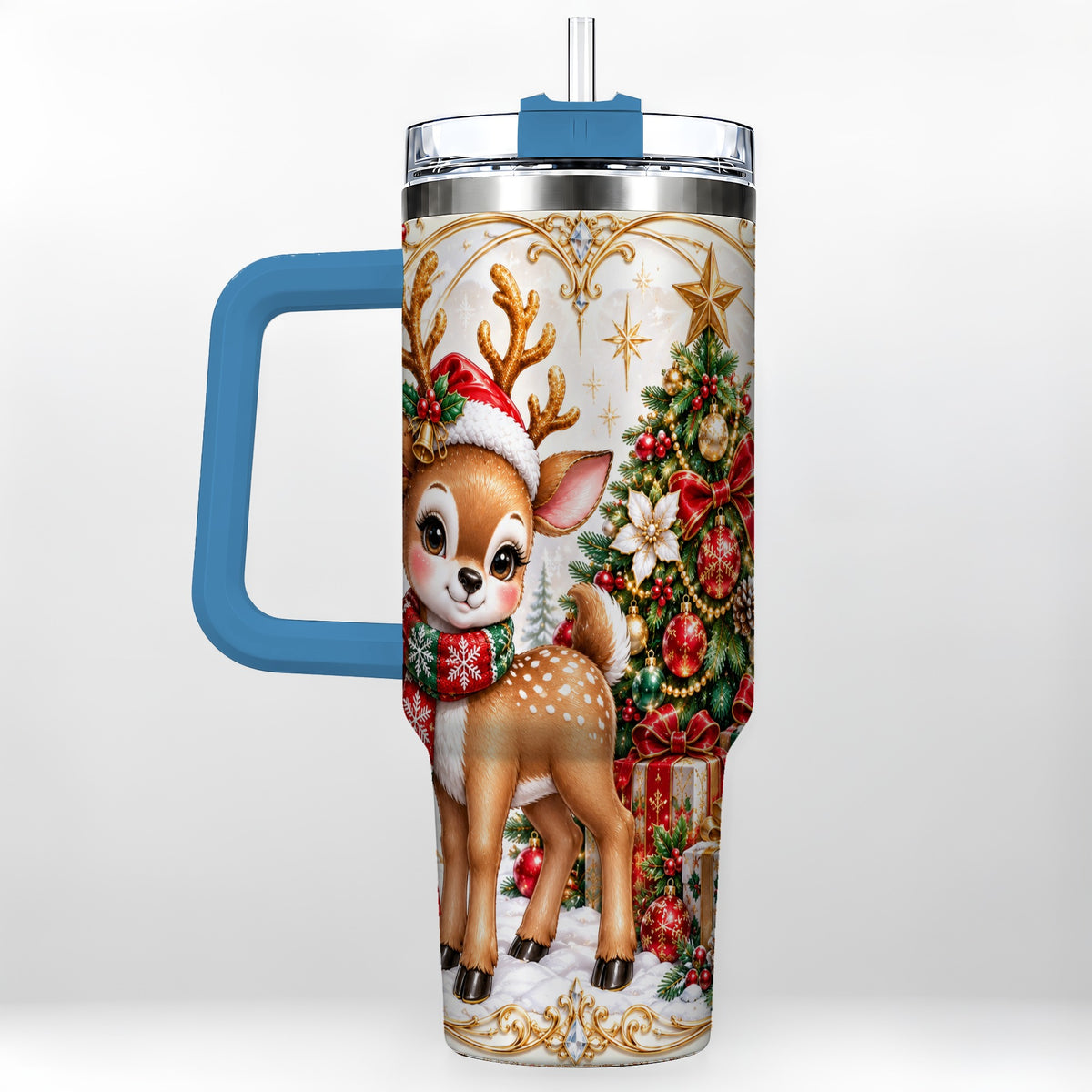 #pl[40oz|Blue] Christmas Deer 40oz Tumbler, Reindeer Stainless Steel Travel Cup