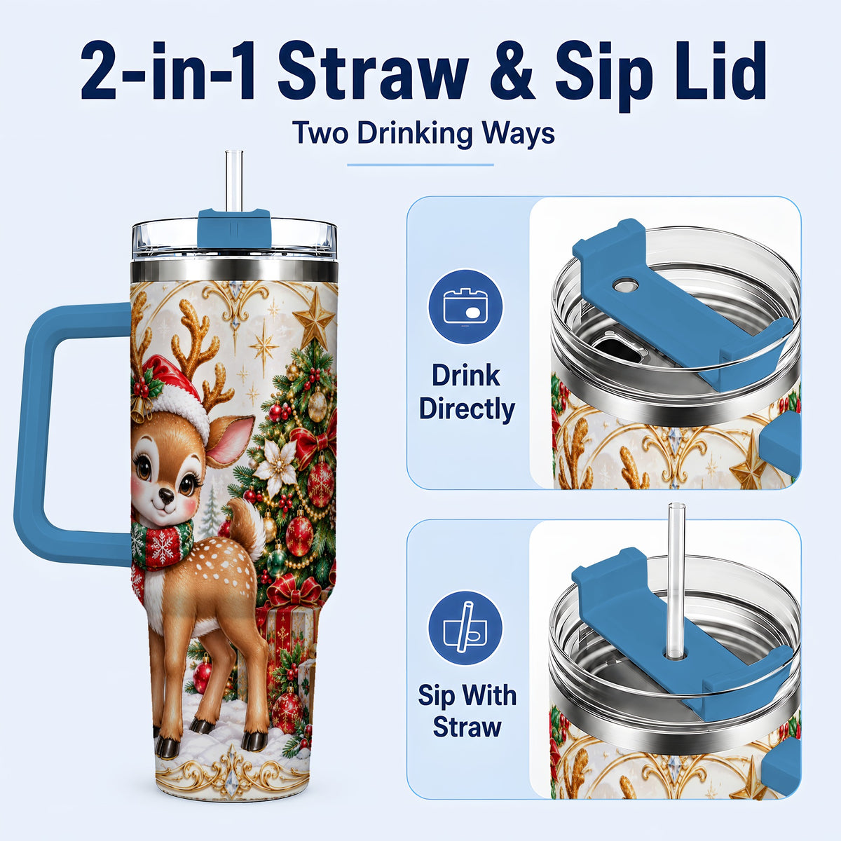 #pl[40oz|Blue] Christmas Deer 40oz Tumbler, Reindeer Stainless Steel Travel Cup