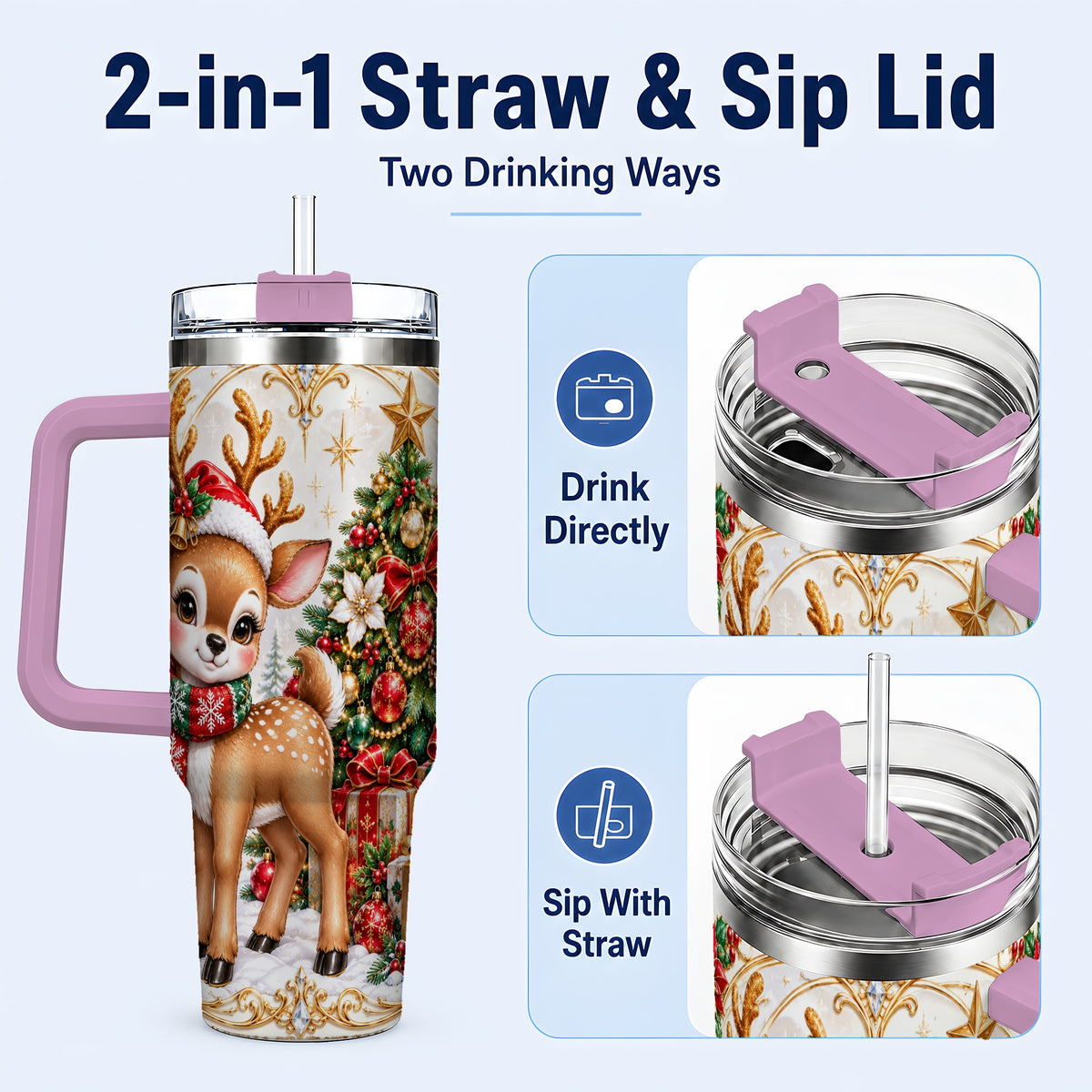 #pl[40oz|Pink] Christmas Deer 40oz Tumbler, Reindeer Stainless Steel Travel Cup