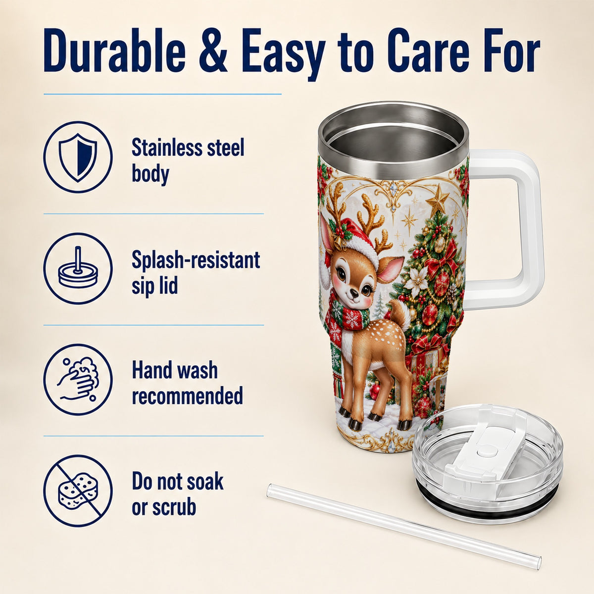 Christmas Deer 40oz Tumbler, Reindeer Stainless Steel Travel Cup