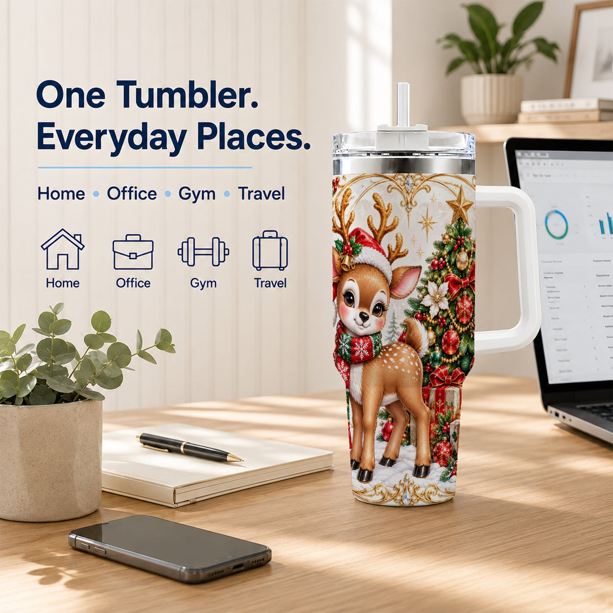 Christmas Deer 40oz Tumbler, Reindeer Stainless Steel Travel Cup