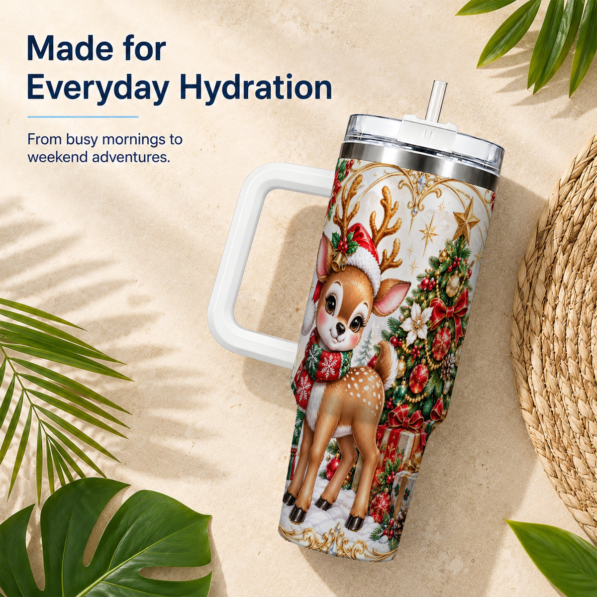 Christmas Deer 40oz Tumbler, Reindeer Stainless Steel Travel Cup