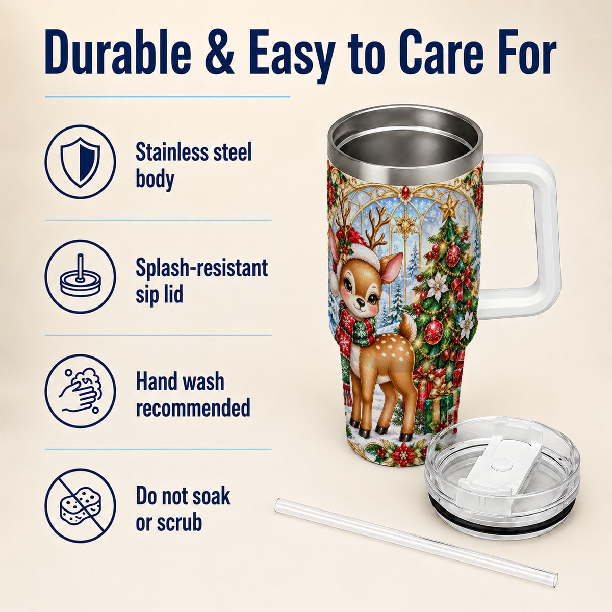 Jeweled Deer 40oz Tumbler, Christmas Stainless Steel Travel Cup